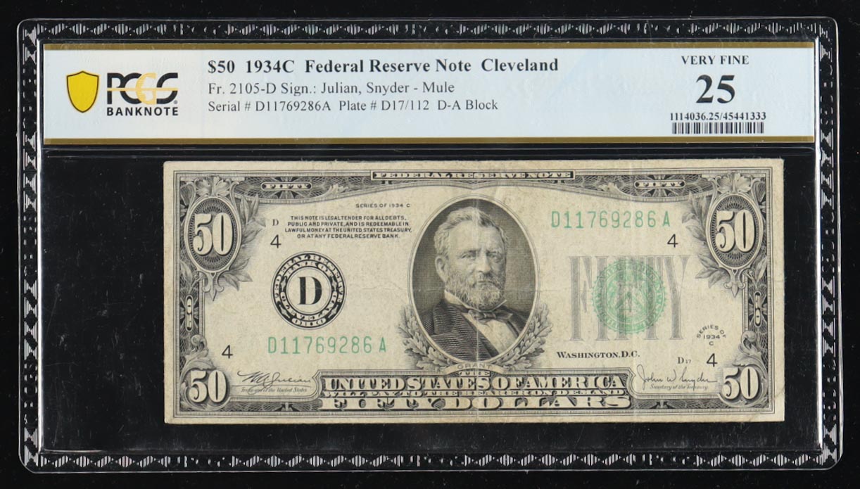 1934-C U.S. $50 Federal Reserve Note, Cleveland - Fr. 2105-D "Mule" Note (DA Block) Signed: Julian / Snyder (PCGS Very Fine 25) at PristineAuction.com 1934-C U.S. $50 Federal Reserve Note, Cleveland - Fr. 2105-D "Mule" Note (DA Block) Signed: Julian / Snyder (PCGS Very Fine 25) at PristineAuction.com