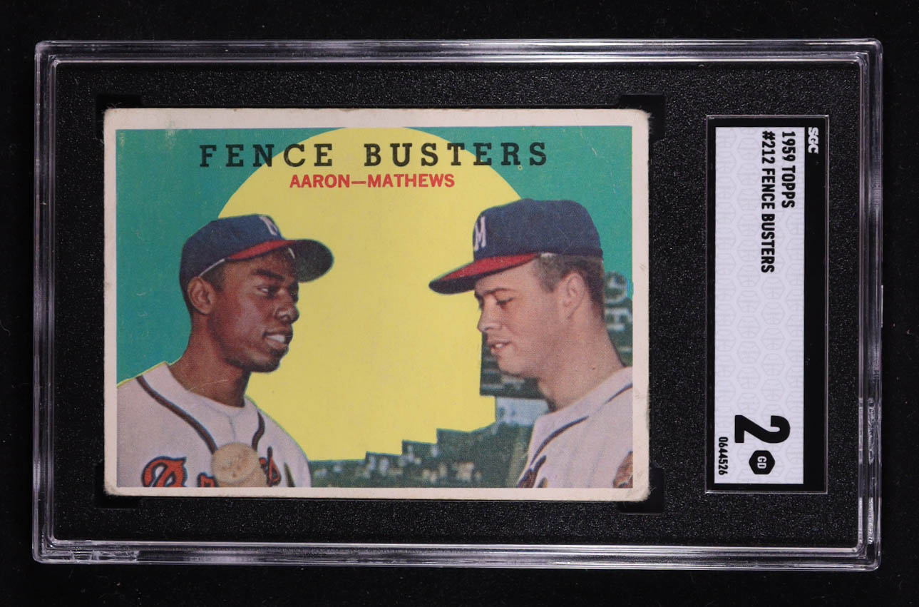 Hank Aaron / Eddie Mathews 1959 Topps #212 / Fence Busters (SGC 2) at PristineAuction.com Hank Aaron / Eddie Mathews 1959 Topps #212 / Fence Busters (SGC 2) at PristineAuction.com