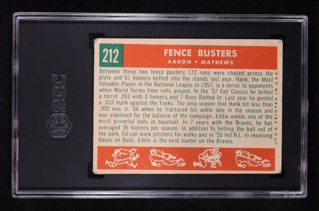 Hank Aaron / Eddie Mathews 1959 Topps #212 / Fence Busters (SGC 2) at PristineAuction.com Hank Aaron / Eddie Mathews 1959 Topps #212 / Fence Busters (SGC 2) at PristineAuction.com
