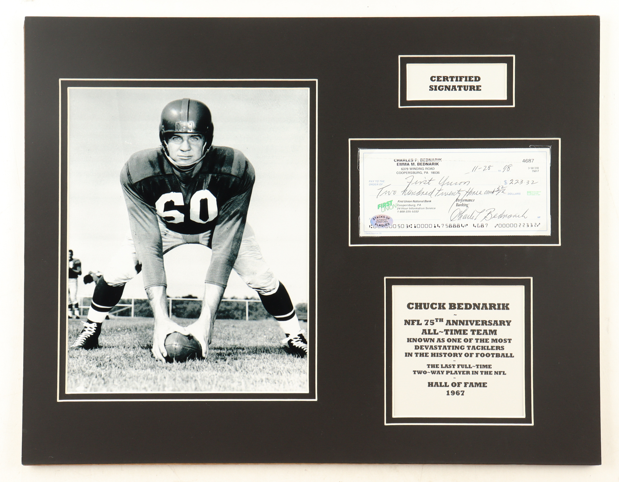 Chuck Bednarik Signed Eagles 14x18 Custom Matted Check Display with Photo (SOP) at PristineAuction.com Chuck Bednarik Signed Eagles 14x18 Custom Matted Check Display with Photo (SOP) at PristineAuction.com
