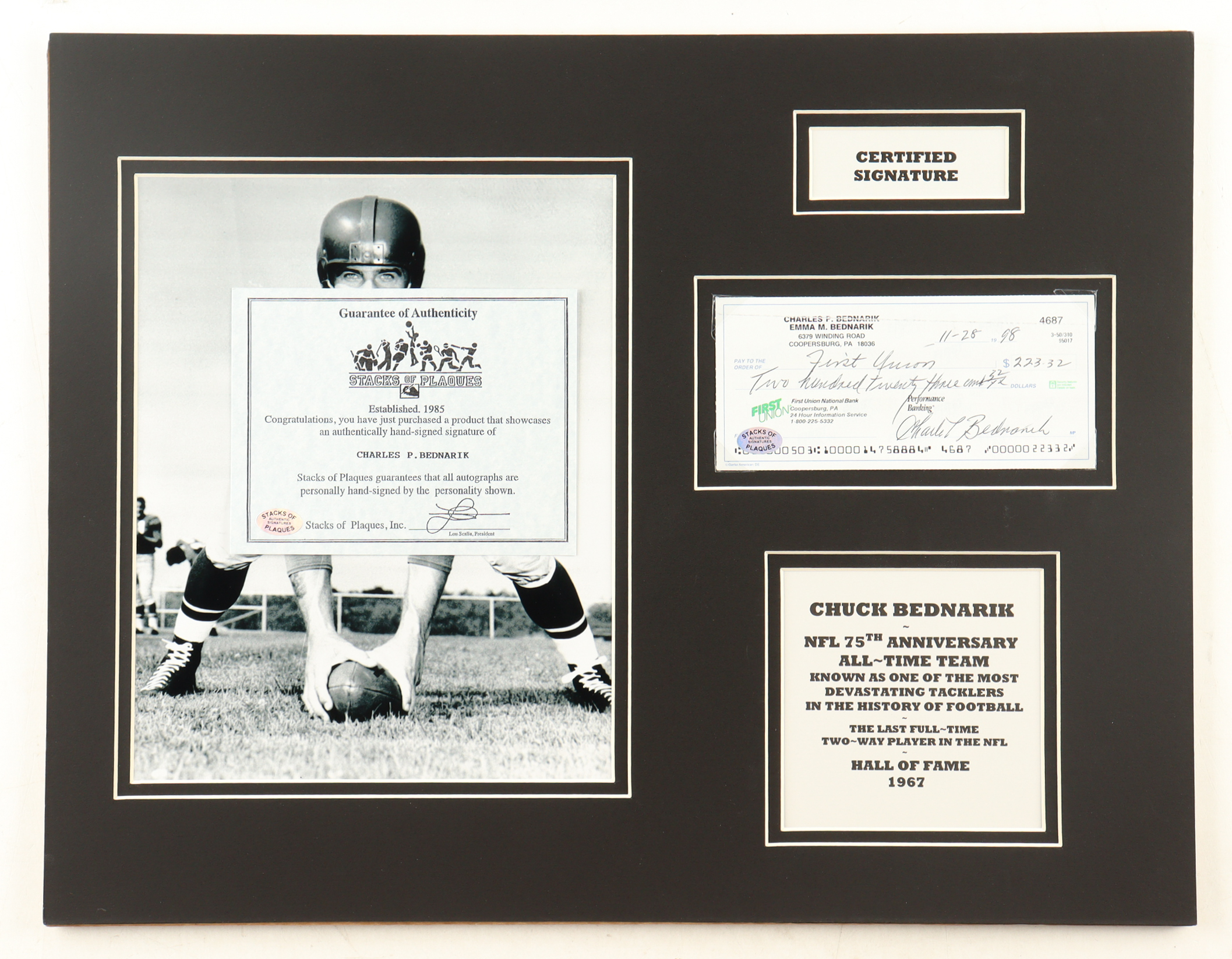 Chuck Bednarik Signed Eagles 14x18 Custom Matted Check Display with Photo (SOP) at PristineAuction.com Chuck Bednarik Signed Eagles 14x18 Custom Matted Check Display with Photo (SOP) at PristineAuction.com
