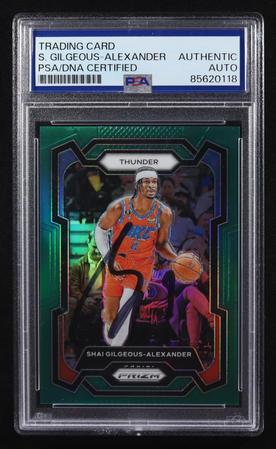 Shai Gilgeous-Alexander Signed 2023-24 Panini Prizm Prizms Green #85 (PSA Encapsulated) at PristineAuction.com Shai Gilgeous-Alexander Signed 2023-24 Panini Prizm Prizms Green #85 (PSA Encapsulated) at PristineAuction.com