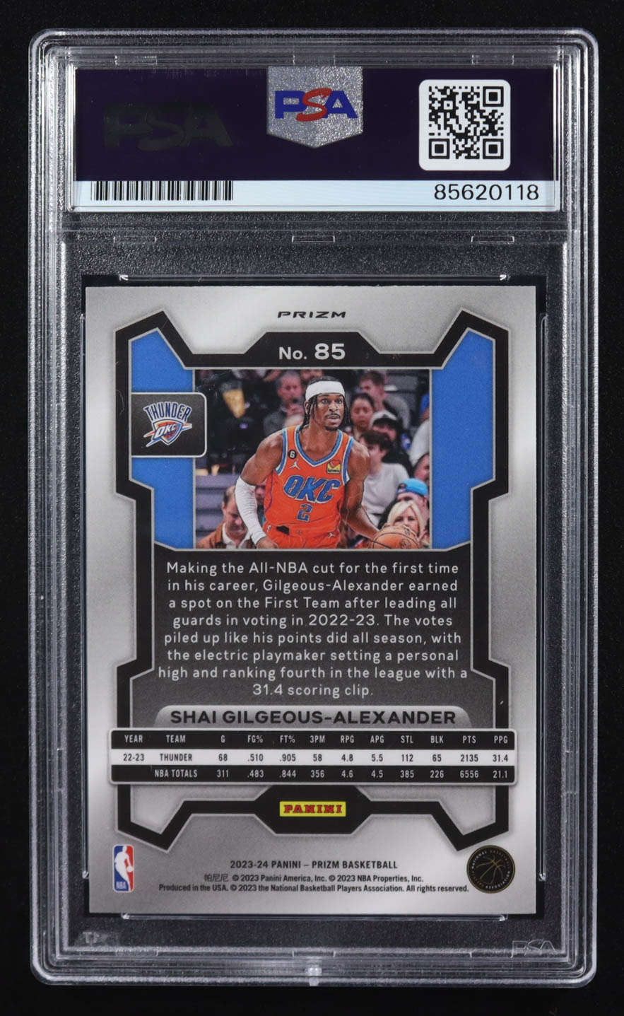 Shai Gilgeous-Alexander Signed 2023-24 Panini Prizm Prizms Green #85 (PSA Encapsulated) at PristineAuction.com Shai Gilgeous-Alexander Signed 2023-24 Panini Prizm Prizms Green #85 (PSA Encapsulated) at PristineAuction.com
