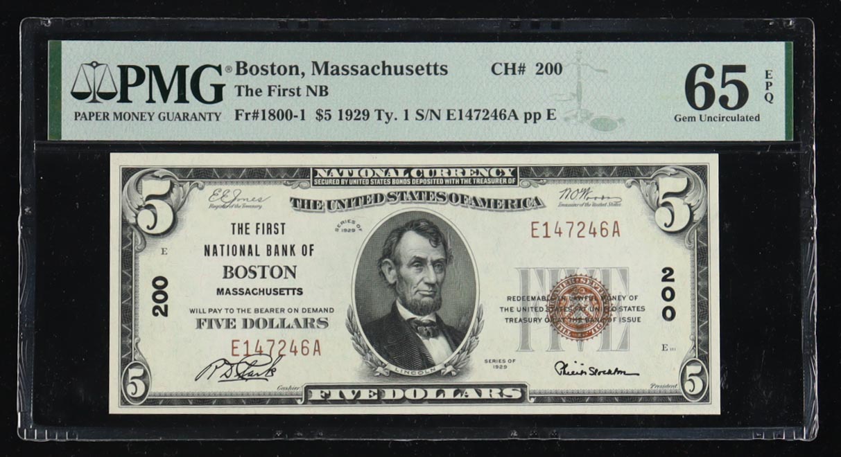 1929 U.S. $5 National Note, Type 1 - First National Bank of Boston, Fr. 1800-I Signed: Jones / Woods (PMG Gem Uncirculated 65 EPQ) at PristineAuction.com 1929 U.S. $5 National Note, Type 1 - First National Bank of Boston, Fr. 1800-I Signed: Jones / Woods (PMG Gem Uncirculated 65 EPQ) at PristineAuction.com