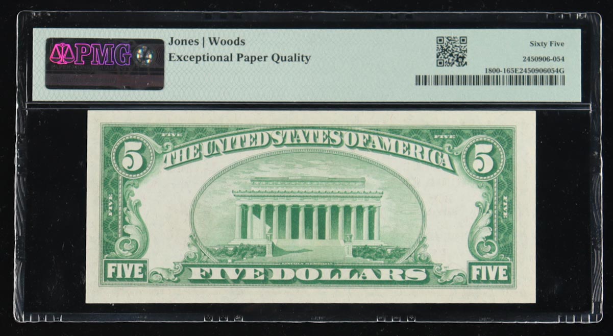 1929 U.S. $5 National Note, Type 1 - First National Bank of Boston, Fr. 1800-I Signed: Jones / Woods (PMG Gem Uncirculated 65 EPQ) at PristineAuction.com 1929 U.S. $5 National Note, Type 1 - First National Bank of Boston, Fr. 1800-I Signed: Jones / Woods (PMG Gem Uncirculated 65 EPQ) at PristineAuction.com