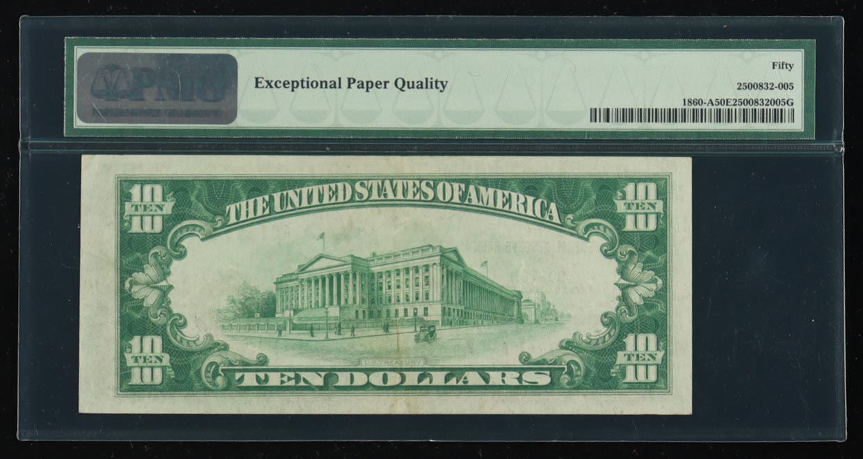 1929 U.S. $10 National Currency Note, Boston - Fr. 1860-A Signed: Jones / Woods (PMG About Uncirculated 50 EPQ) at PristineAuction.com 1929 U.S. $10 National Currency Note, Boston - Fr. 1860-A Signed: Jones / Woods (PMG About Uncirculated 50 EPQ) at PristineAuction.com
