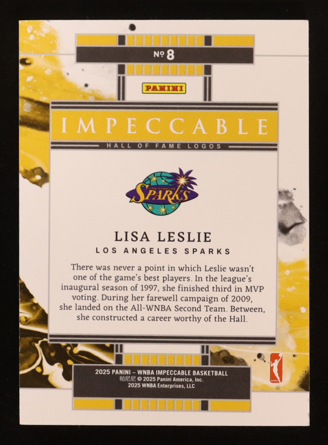 Lisa Leslie 2025 Panini Impeccable WNBA Silver Hall of Fame Logos #8 #15/20 at PristineAuction.com Lisa Leslie 2025 Panini Impeccable WNBA Silver Hall of Fame Logos #8 #15/20 at PristineAuction.com