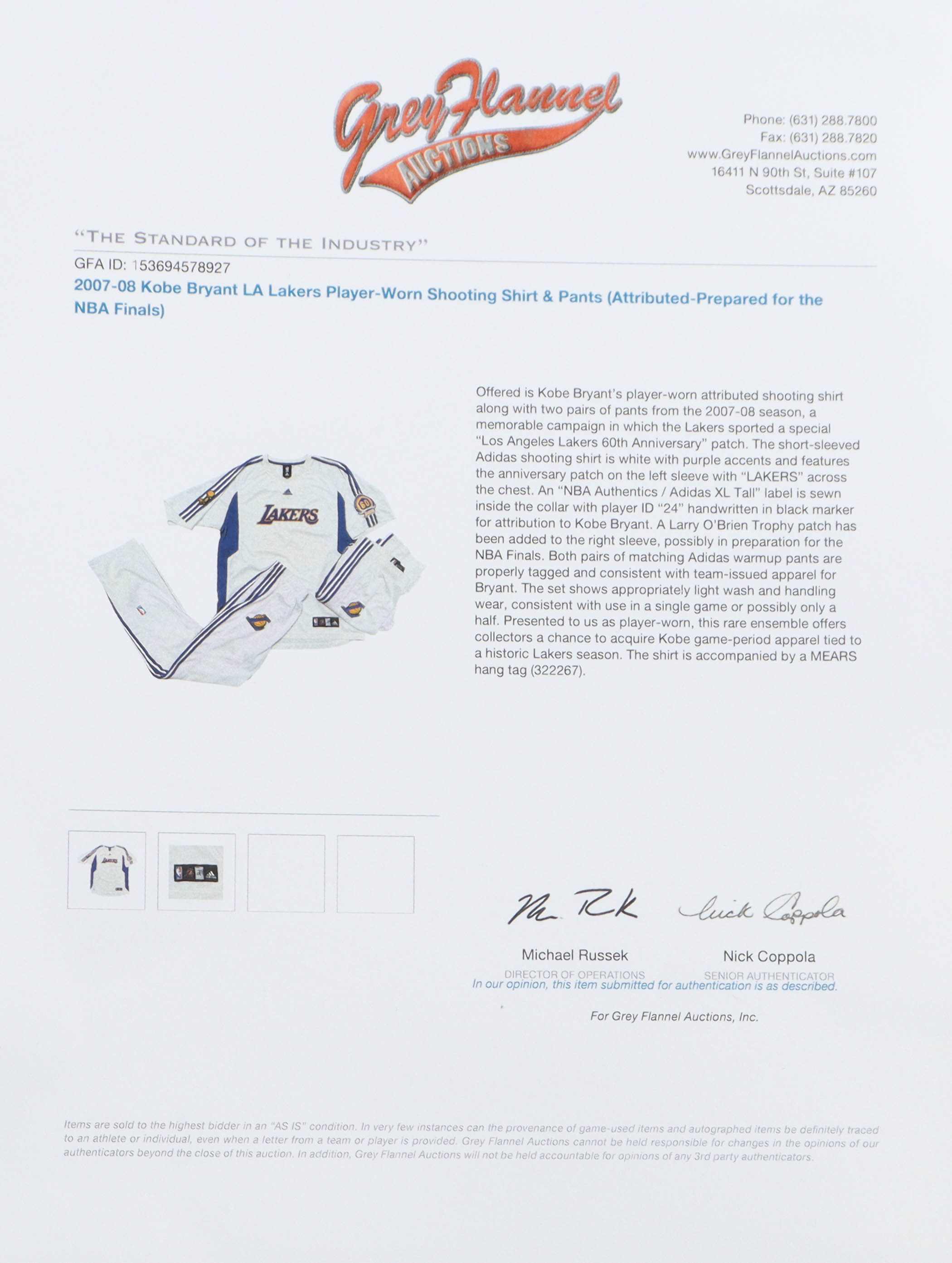 Kobe Bryant Player-Worn 2007-08 Lakers Adidas Warm-Up Suit With 2 Pairs of Pants With Lakers 60th Anniversary & Larry O'Brian Patch (Grey Flannel LOA & MEARS) at PristineAuction.com Kobe Bryant Player-Worn 2007-08 Lakers Adidas Warm-Up Suit With 2 Pairs of Pants With Lakers 60th Anniversary & Larry O'Brian Patch (Grey Flannel LOA & MEARS) at PristineAuction.com