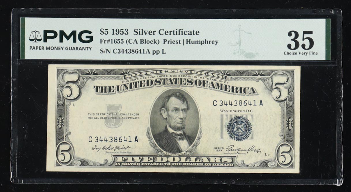 1953 U.S. $5 Silver Certificate, Blue Seal - Fr. 1655 (CA Block) Signed: Priest / Humphrey (PMG Choice Very Fine 35) at PristineAuction.com 1953 U.S. $5 Silver Certificate, Blue Seal - Fr. 1655 (CA Block) Signed: Priest / Humphrey (PMG Choice Very Fine 35) at PristineAuction.com