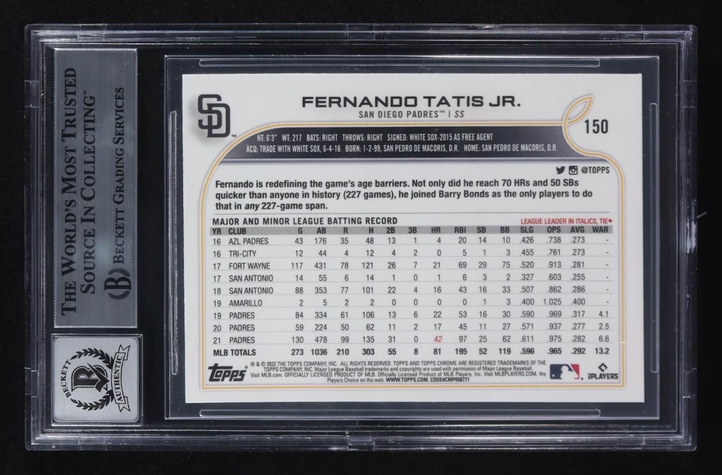 Fernando Tatis Jr. Signed 2022 Topps Chrome Ben Baller #150 (BGS Encapsulated) at PristineAuction.com Fernando Tatis Jr. Signed 2022 Topps Chrome Ben Baller #150 (BGS Encapsulated) at PristineAuction.com