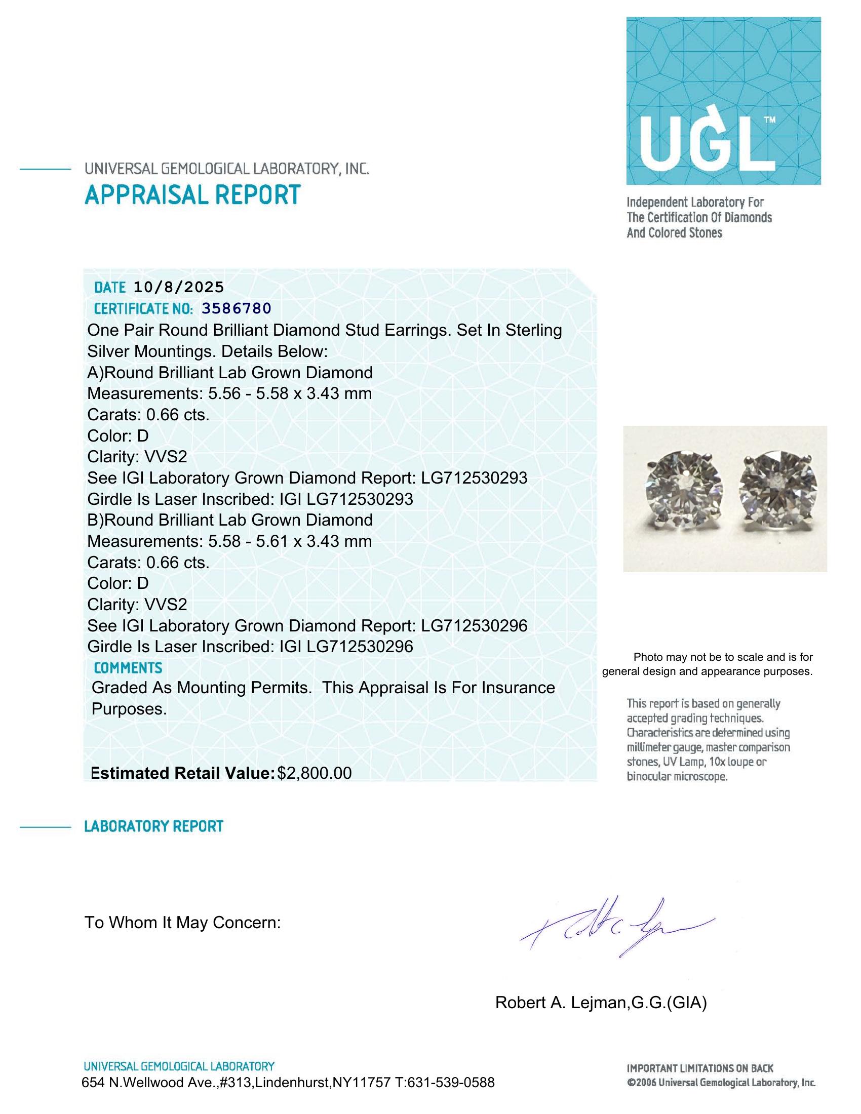 1.32 Carats Lab Grown Diamond Stud Earrings D, VVS2 | $2,800 Estimated Retail Value (UGL & IGI Certs) | Brand New | Round Brilliant Ideal Cut at PristineAuction.com 1.32 Carats Lab Grown Diamond Stud Earrings D, VVS2 | $2,800 Estimated Retail Value (UGL & IGI Certs) | Brand New | Round Brilliant Ideal Cut at PristineAuction.com