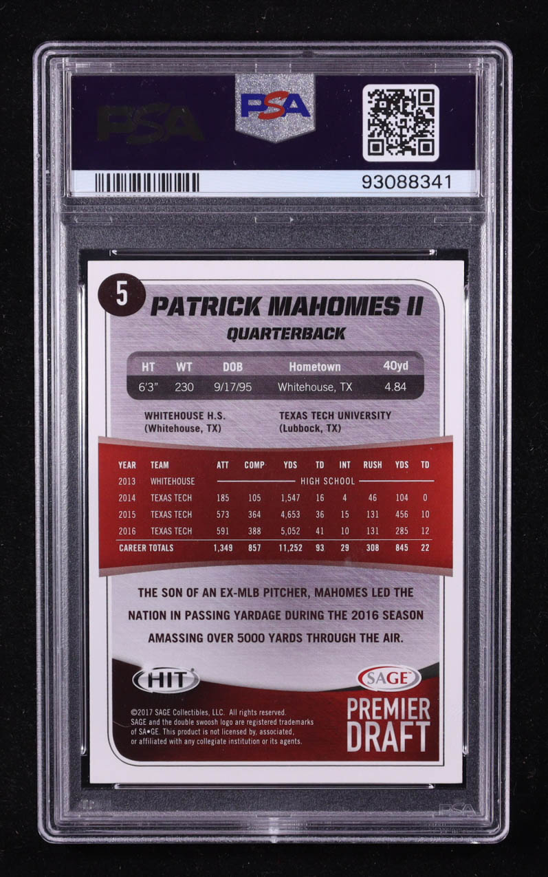 Patrick Mahomes II 2017 SAGE HIT Premier Draft #5 RC (PSA 10) at PristineAuction.com Patrick Mahomes II 2017 SAGE HIT Premier Draft #5 RC (PSA 10) at PristineAuction.com