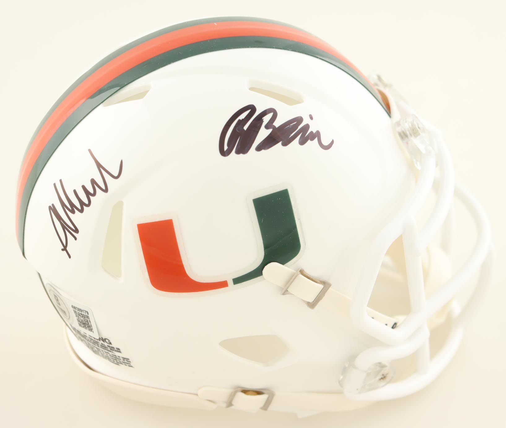 Rueben Bain Jr. & Akheem Mesidor Signed Miami Hurricanes Speed Mini Helmet (Beckett) at PristineAuction.com Rueben Bain Jr. & Akheem Mesidor Signed Miami Hurricanes Speed Mini Helmet (Beckett) at PristineAuction.com