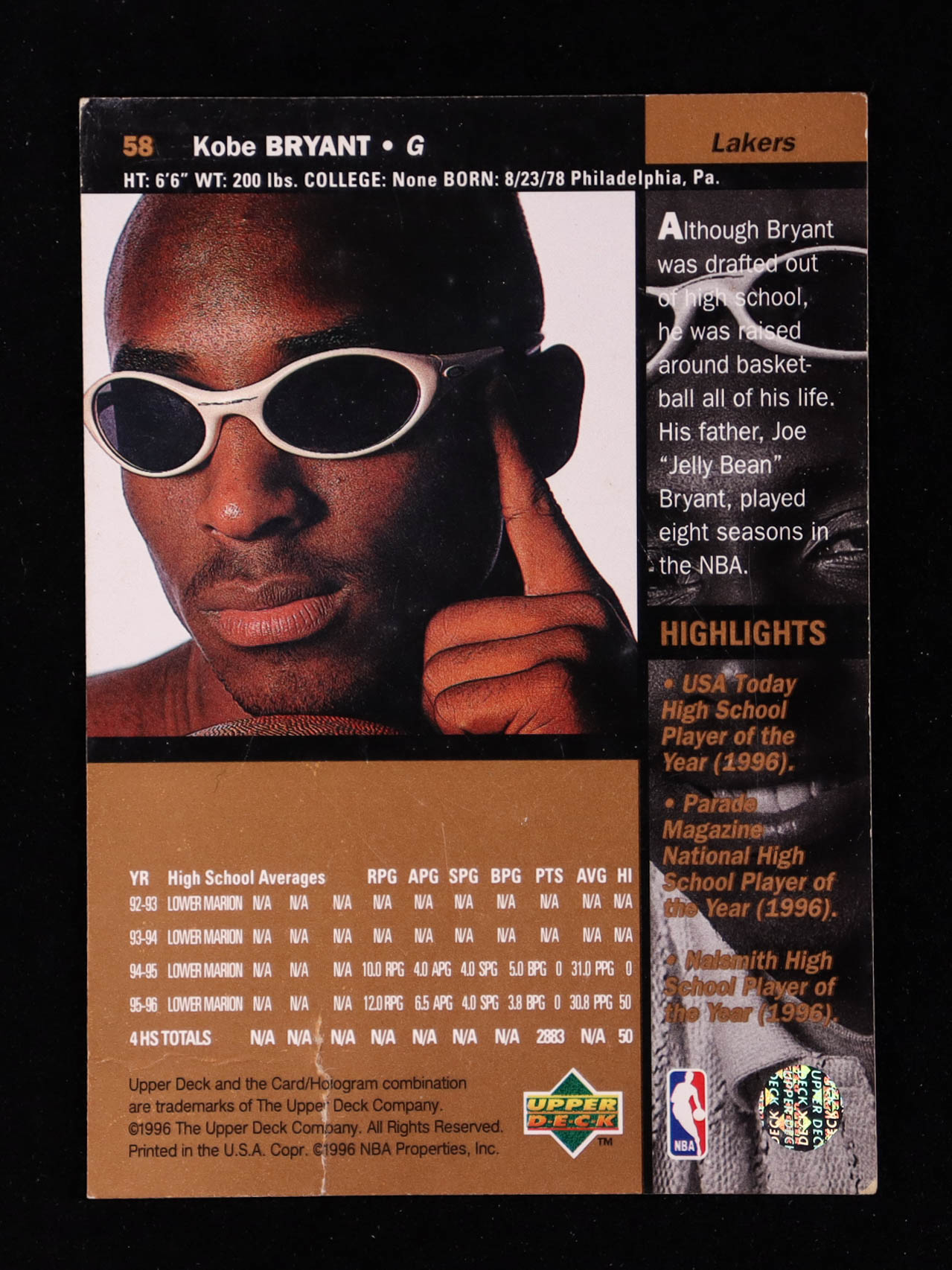 Kobe Bryant 1996-97 Upper Deck #58 RC at PristineAuction.com Kobe Bryant 1996-97 Upper Deck #58 RC at PristineAuction.com