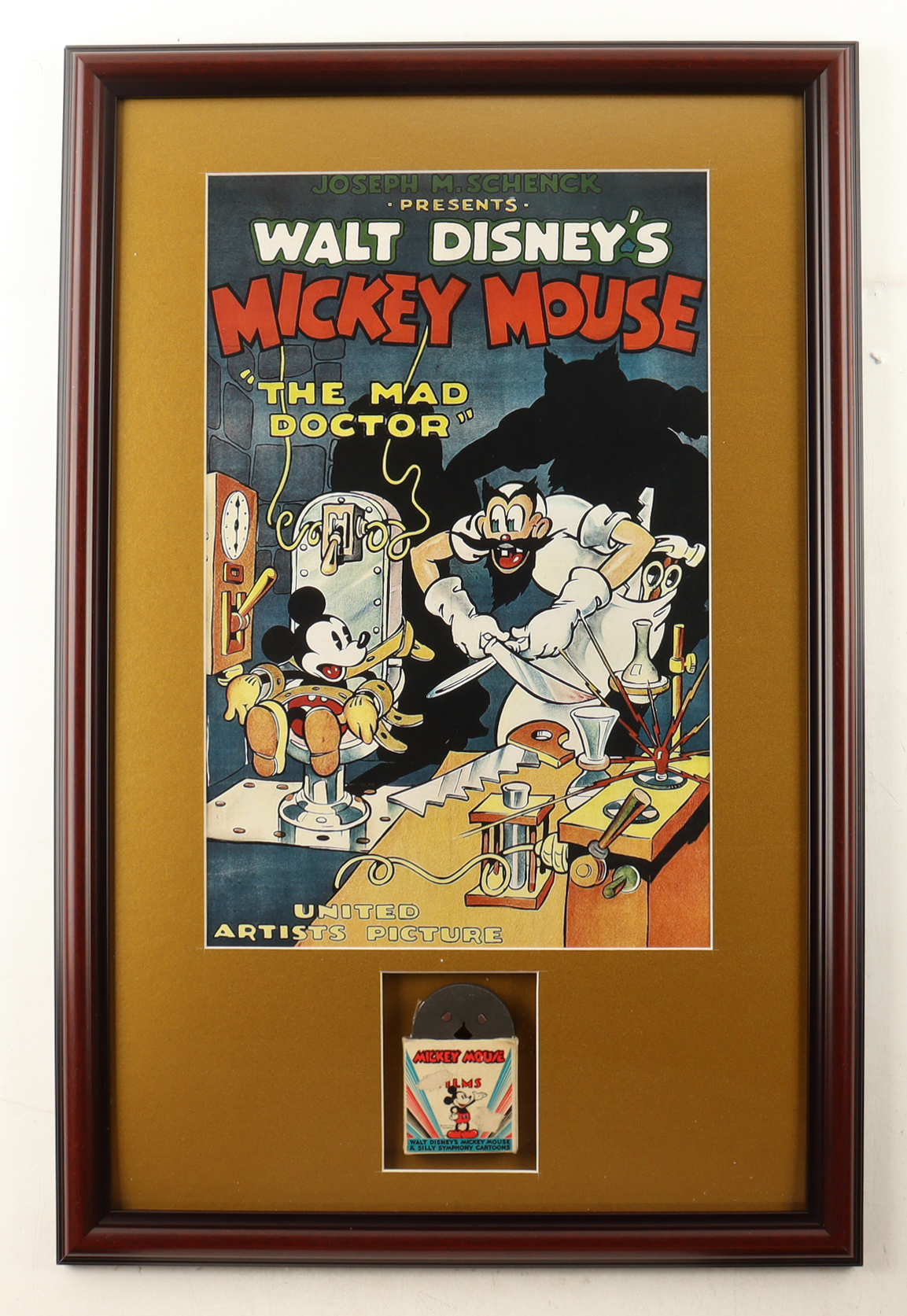 1940 Vintage "Mickey Mouse: The Mad Doctor" Custom Framed Poster Display with Mickey Mouse 8mm Film With Disney Box at PristineAuction.com 1940 Vintage "Mickey Mouse: The Mad Doctor" Custom Framed Poster Display with Mickey Mouse 8mm Film With Disney Box at PristineAuction.com