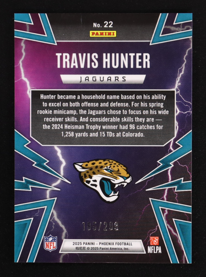 Travis Hunter 2025 Panini Phoenix Thunderbirds Wave #22 #185/299 RC at PristineAuction.com Travis Hunter 2025 Panini Phoenix Thunderbirds Wave #22 #185/299 RC at PristineAuction.com