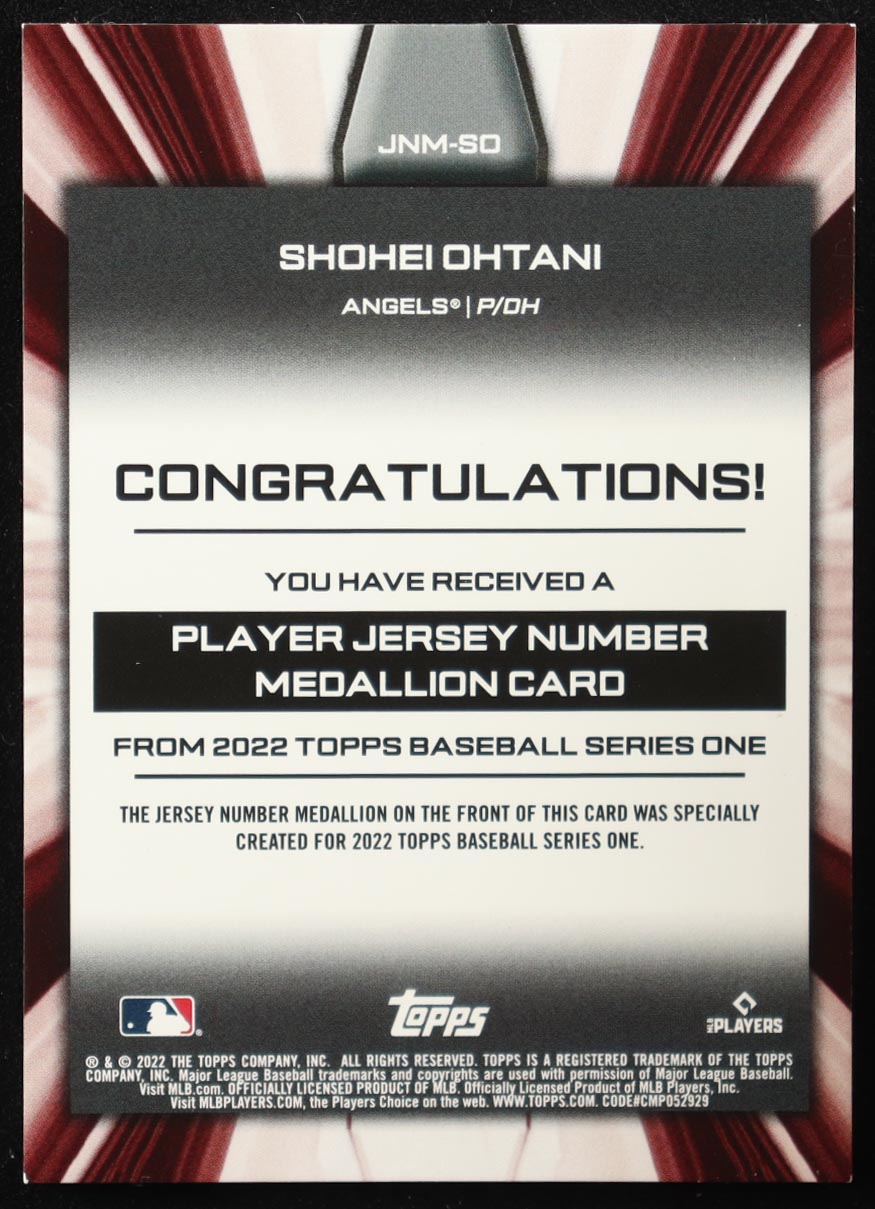 Shohei Ohtani 2022 Topps Commemorative Player Jersey Number Medallions #JNMSO at PristineAuction.com Shohei Ohtani 2022 Topps Commemorative Player Jersey Number Medallions #JNMSO at PristineAuction.com