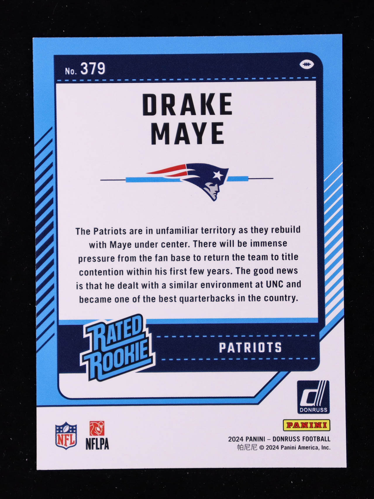 Drake Maye 2024 Donruss Press Proof Blue #379 RR RC at PristineAuction.com Drake Maye 2024 Donruss Press Proof Blue #379 RR RC at PristineAuction.com
