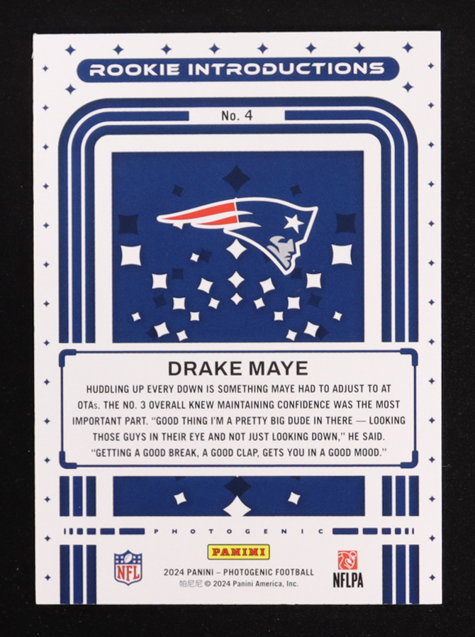 Drake Maye 2024 Panini PhotoGenic Rookie Introductions #4 RC at PristineAuction.com Drake Maye 2024 Panini PhotoGenic Rookie Introductions #4 RC at PristineAuction.com