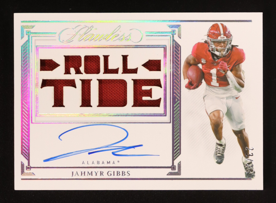 Jahmyr Gibbs 2023 Panini Flawless Collegiate Flawless Rookie Team Slogan Signatures #12 RC #23/25 at PristineAuction.com Jahmyr Gibbs 2023 Panini Flawless Collegiate Flawless Rookie Team Slogan Signatures #12 RC #23/25 at PristineAuction.com