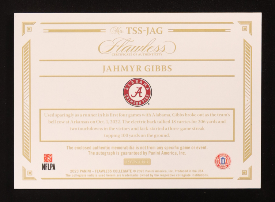 Jahmyr Gibbs 2023 Panini Flawless Collegiate Flawless Rookie Team Slogan Signatures #12 RC #23/25 at PristineAuction.com Jahmyr Gibbs 2023 Panini Flawless Collegiate Flawless Rookie Team Slogan Signatures #12 RC #23/25 at PristineAuction.com