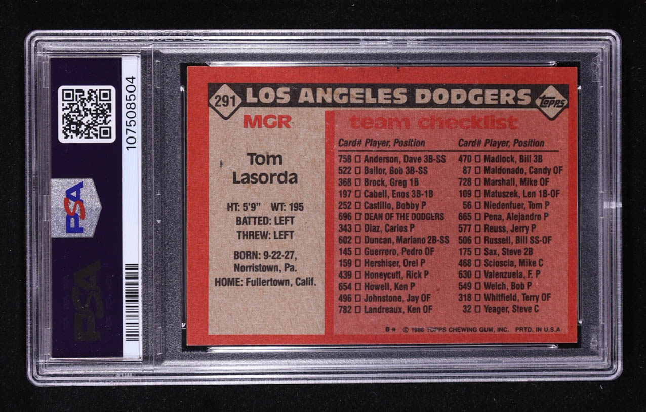 Tom Lasorda 1986 Topps #291 MG (PSA 8) at PristineAuction.com Tom Lasorda 1986 Topps #291 MG (PSA 8) at PristineAuction.com