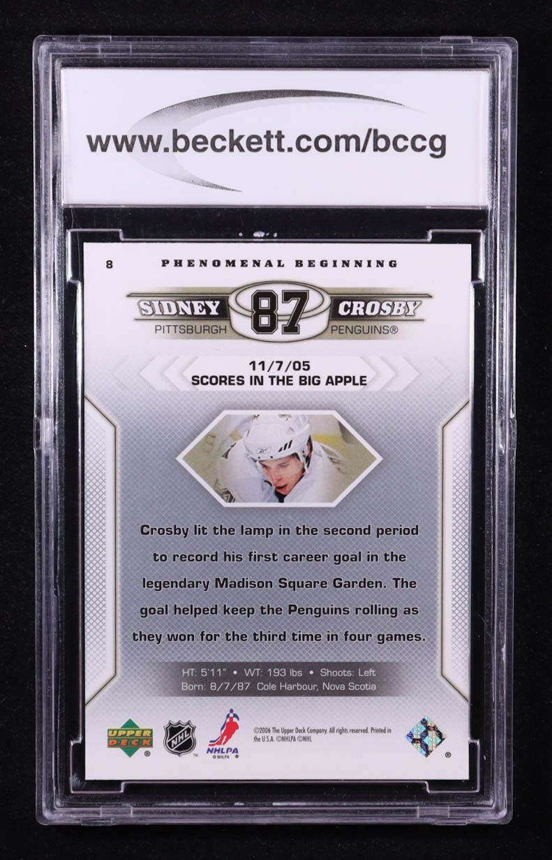 Sidney Crosby 2005-06 Upper Deck Phenomenal Beginnings #8 RC (BCCG 10) at PristineAuction.com Sidney Crosby 2005-06 Upper Deck Phenomenal Beginnings #8 RC (BCCG 10) at PristineAuction.com