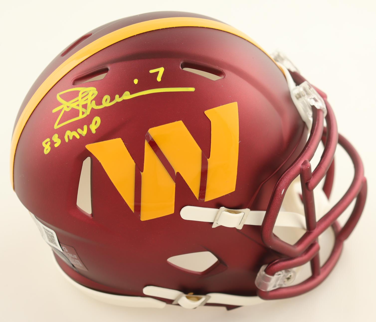 Joe Theismann Signed Commanders Speed Mini Helmet Inscribed "83 MVP" (Beckett) at PristineAuction.com Joe Theismann Signed Commanders Speed Mini Helmet Inscribed "83 MVP" (Beckett) at PristineAuction.com