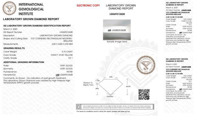 .76 Carats Lab Grown FANCY VIVID YELLOW Diamond Loose VS1 | (IGI Certificate) at PristineAuction.com .76 Carats Lab Grown FANCY VIVID YELLOW Diamond Loose VS1 | (IGI Certificate) at PristineAuction.com