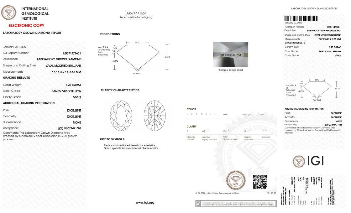 1.20 Carats Lab Grown FANCY VIVID YELLOW Diamond Loose VVS2 | (IGI Certificate) at PristineAuction.com 1.20 Carats Lab Grown FANCY VIVID YELLOW Diamond Loose VVS2 | (IGI Certificate) at PristineAuction.com