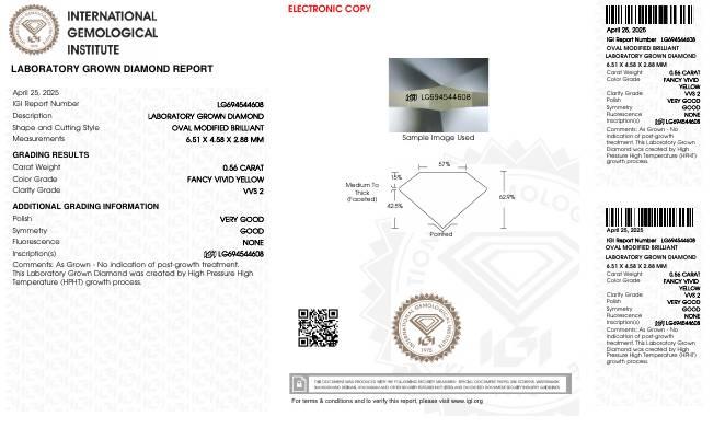 .56 Carats Lab Grown FANCY VIVID YELLOW Diamond Loose VVS2 | (IGI Certificate) at PristineAuction.com .56 Carats Lab Grown FANCY VIVID YELLOW Diamond Loose VVS2 | (IGI Certificate) at PristineAuction.com