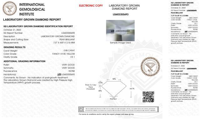 .85 Carats Lab Grown FANCY VIVID YELLOW Diamond Loose VS1 | (IGI Certificate) at PristineAuction.com .85 Carats Lab Grown FANCY VIVID YELLOW Diamond Loose VS1 | (IGI Certificate) at PristineAuction.com