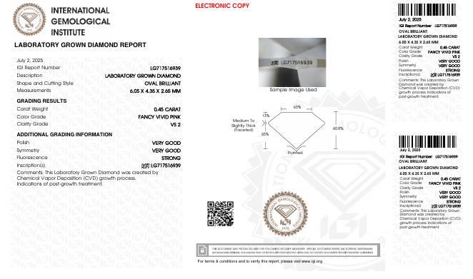 .45 Carats Lab Grown FANCY VIVID PINK Diamond Loose VS2 | (IGI Certificate) at PristineAuction.com .45 Carats Lab Grown FANCY VIVID PINK Diamond Loose VS2 | (IGI Certificate) at PristineAuction.com