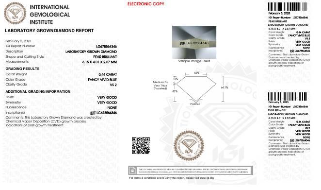 .44 Carats Lab Grown FANCY VIVID BLUE Diamond Loose VS2 | (IGI Certificate) at PristineAuction.com .44 Carats Lab Grown FANCY VIVID BLUE Diamond Loose VS2 | (IGI Certificate) at PristineAuction.com