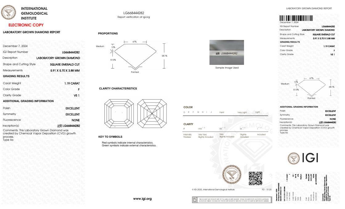 1.19 Carats Lab Grown Diamond Loose F, VS1 | (IGI Certificate) at PristineAuction.com 1.19 Carats Lab Grown Diamond Loose F, VS1 | (IGI Certificate) at PristineAuction.com