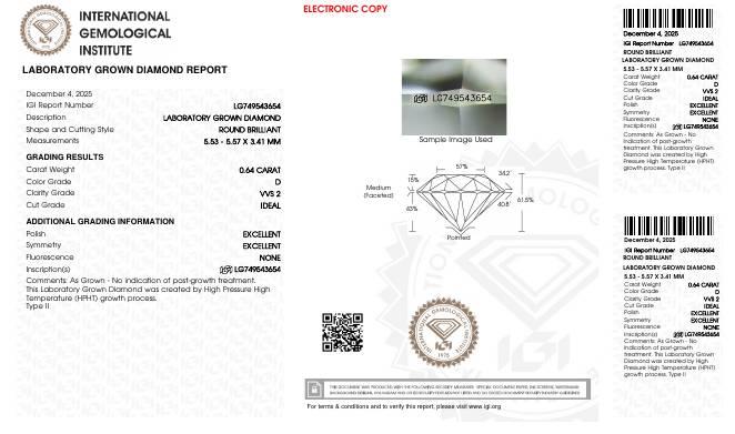 .64 Carats Lab Grown Diamond Loose D, VVS2 | (IGI Certificate) at PristineAuction.com .64 Carats Lab Grown Diamond Loose D, VVS2 | (IGI Certificate) at PristineAuction.com