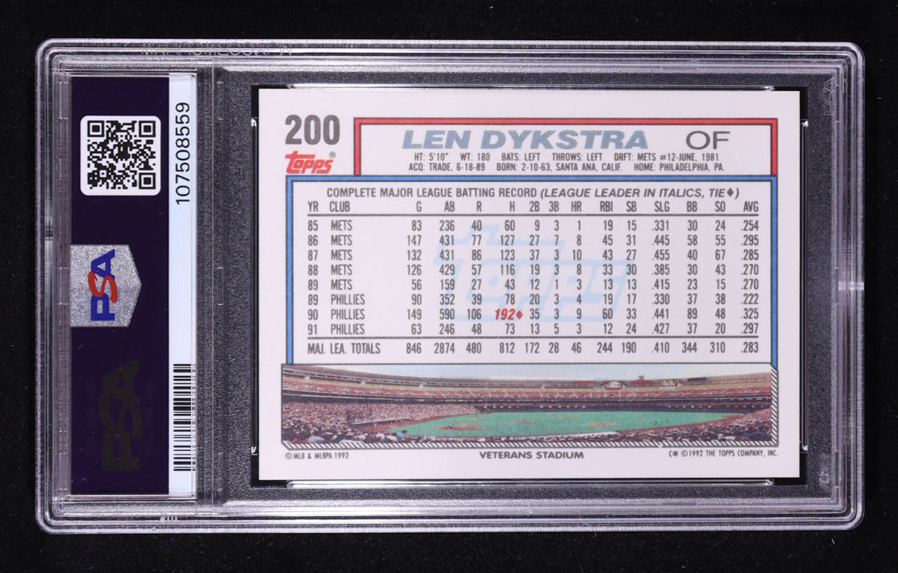Len Dykstra 1992 Topps #200 (PSA 10) at PristineAuction.com Len Dykstra 1992 Topps #200 (PSA 10) at PristineAuction.com