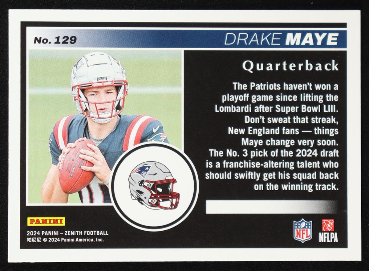 Drake Maye 2024 Zenith Two Minute Drill #129 RC at PristineAuction.com Drake Maye 2024 Zenith Two Minute Drill #129 RC at PristineAuction.com