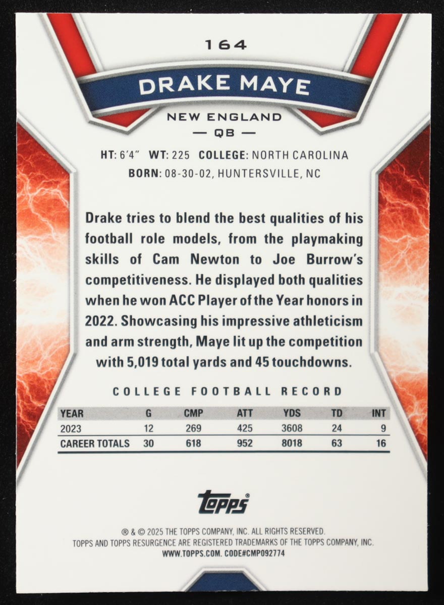 Drake Maye 2024 Topps Resurgence Blue and Orange Circles #164 RC at PristineAuction.com Drake Maye 2024 Topps Resurgence Blue and Orange Circles #164 RC at PristineAuction.com