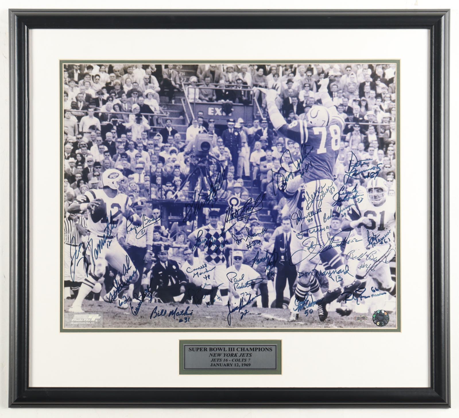 1969 World Championship New York Jets Custom Framed Photo Display Signed by (23) with Joe Namath, Gerry Philbin, Emerson Boozer, Matt Snell (Steiner) at PristineAuction.com 1969 World Championship New York Jets Custom Framed Photo Display Signed by (23) with Joe Namath, Gerry Philbin, Emerson Boozer, Matt Snell (Steiner) at PristineAuction.com