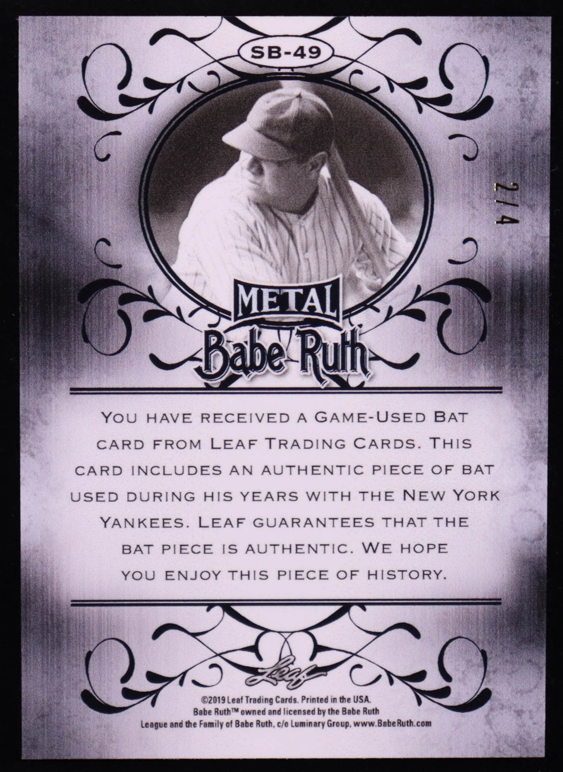 Babe Ruth 2019 Leaf Metal Babe Ruth Game-Used Bat Relic Pink Wave #SB49 #2/4 at PristineAuction.com Babe Ruth 2019 Leaf Metal Babe Ruth Game-Used Bat Relic Pink Wave #SB49 #2/4 at PristineAuction.com