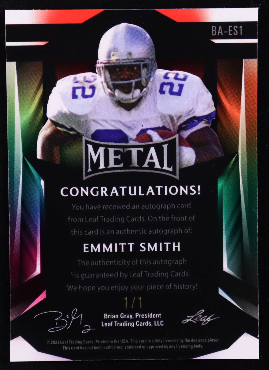 Emmitt Smith 2023 Leaf Metal Autographs Tie-Dye Crystal #BAES1 #1/1 at PristineAuction.com Emmitt Smith 2023 Leaf Metal Autographs Tie-Dye Crystal #BAES1 #1/1 at PristineAuction.com