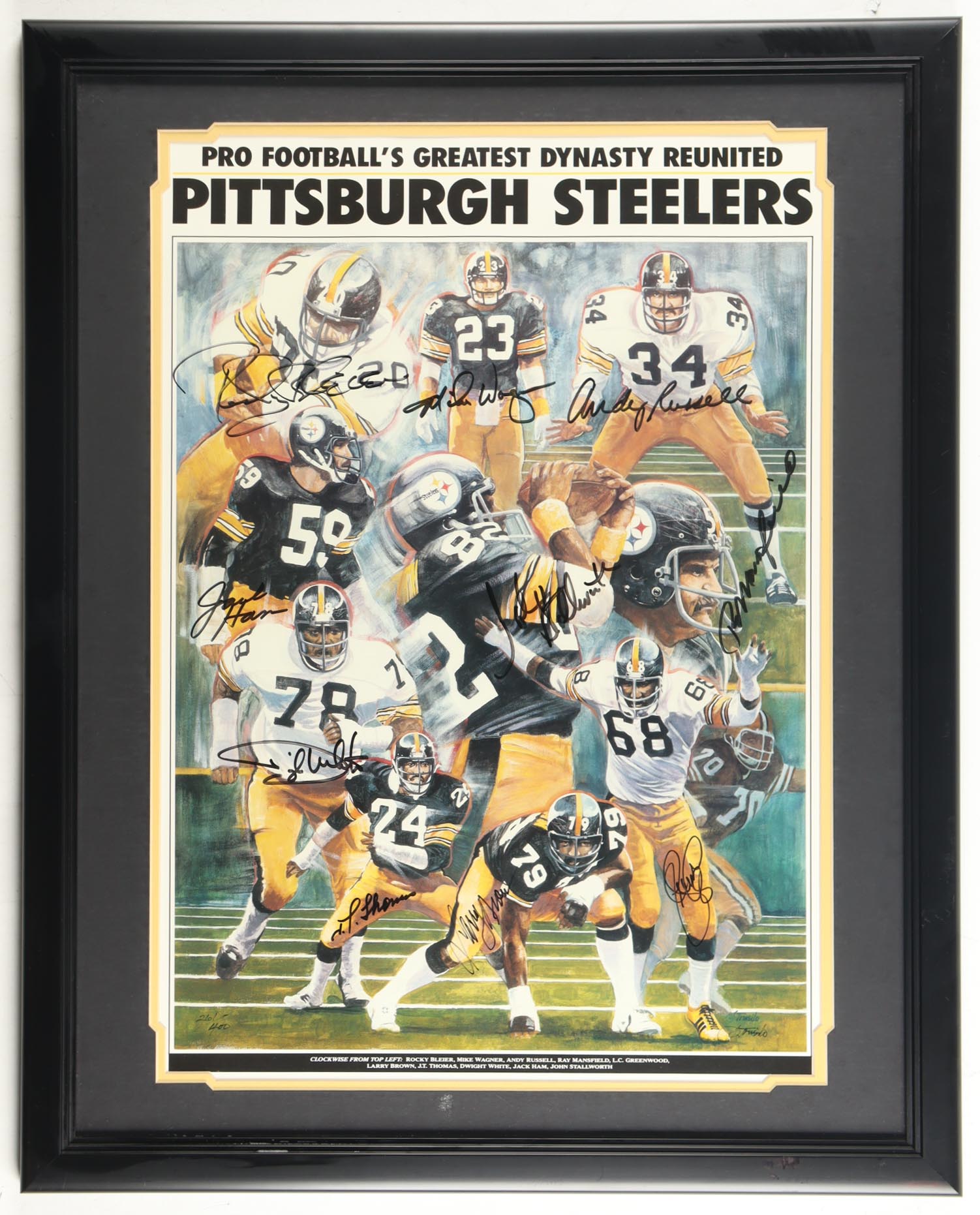 LE "Pittsburgh Steelers Football Dynasty" Custom Framed Print Display Signed by (11) with John Stallworth, Jack Ham, Rocky Bleier, Andy Russell #261/400 (Stacks of Plaques) at PristineAuction.com LE "Pittsburgh Steelers Football Dynasty" Custom Framed Print Display Signed by (11) with John Stallworth, Jack Ham, Rocky Bleier, Andy Russell #261/400 (Stacks of Plaques) at PristineAuction.com