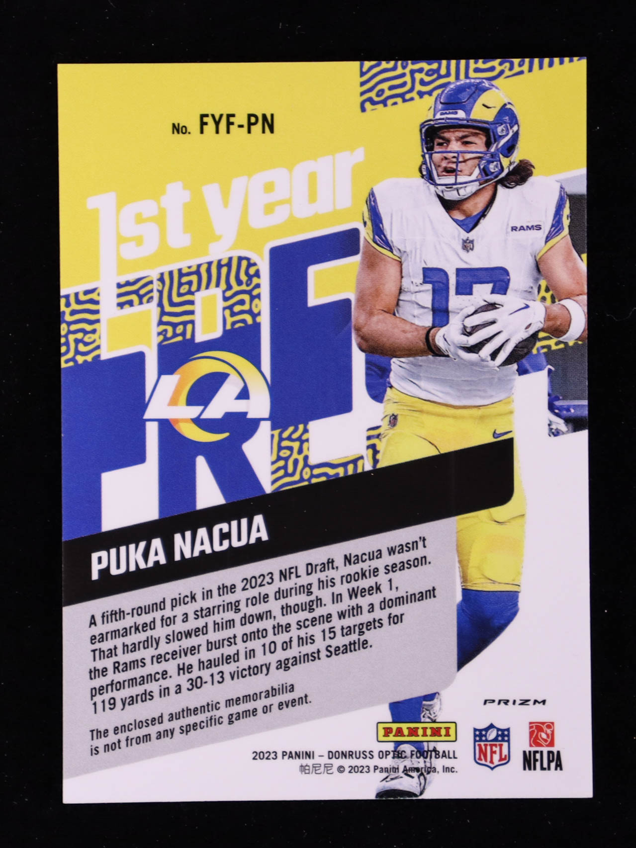 Puka Nacua 2023 Donruss Optic First Year Fresh Jerseys Blue Hyper #35 RC at PristineAuction.com Puka Nacua 2023 Donruss Optic First Year Fresh Jerseys Blue Hyper #35 RC at PristineAuction.com