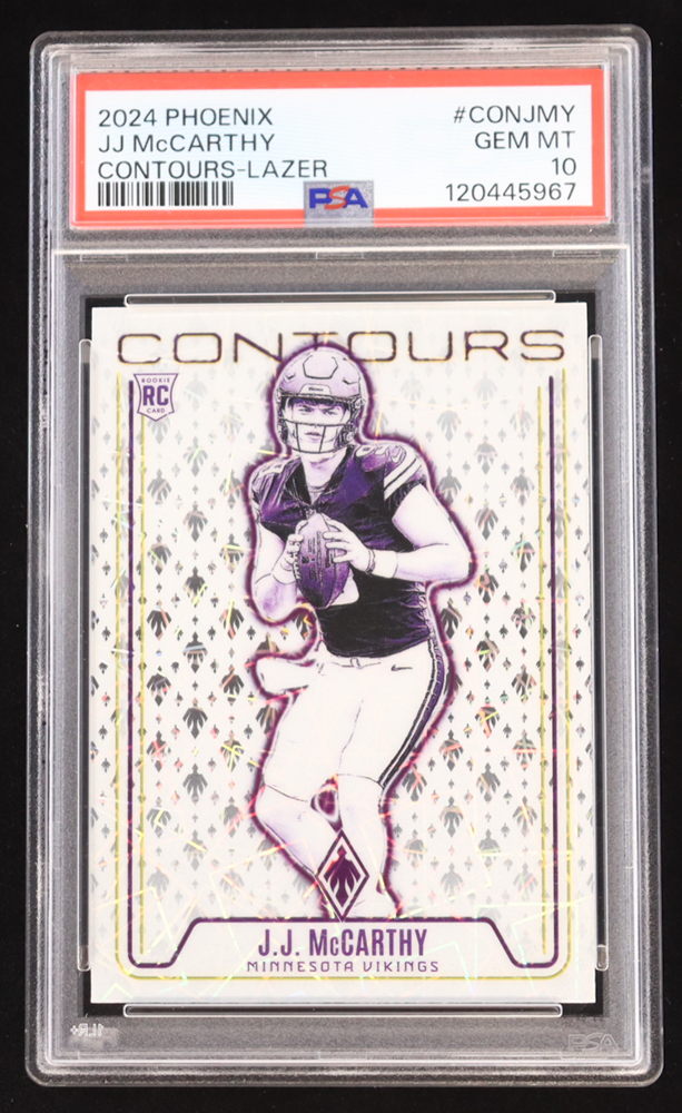 JJ McCarthy 2024 Panini Phoenix Contours Lazer #11 RC (PSA 10) at PristineAuction.com JJ McCarthy 2024 Panini Phoenix Contours Lazer #11 RC (PSA 10) at PristineAuction.com