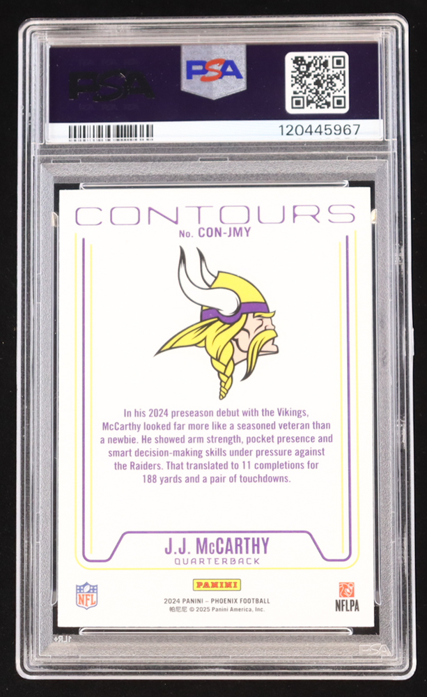 JJ McCarthy 2024 Panini Phoenix Contours Lazer #11 RC (PSA 10) at PristineAuction.com JJ McCarthy 2024 Panini Phoenix Contours Lazer #11 RC (PSA 10) at PristineAuction.com