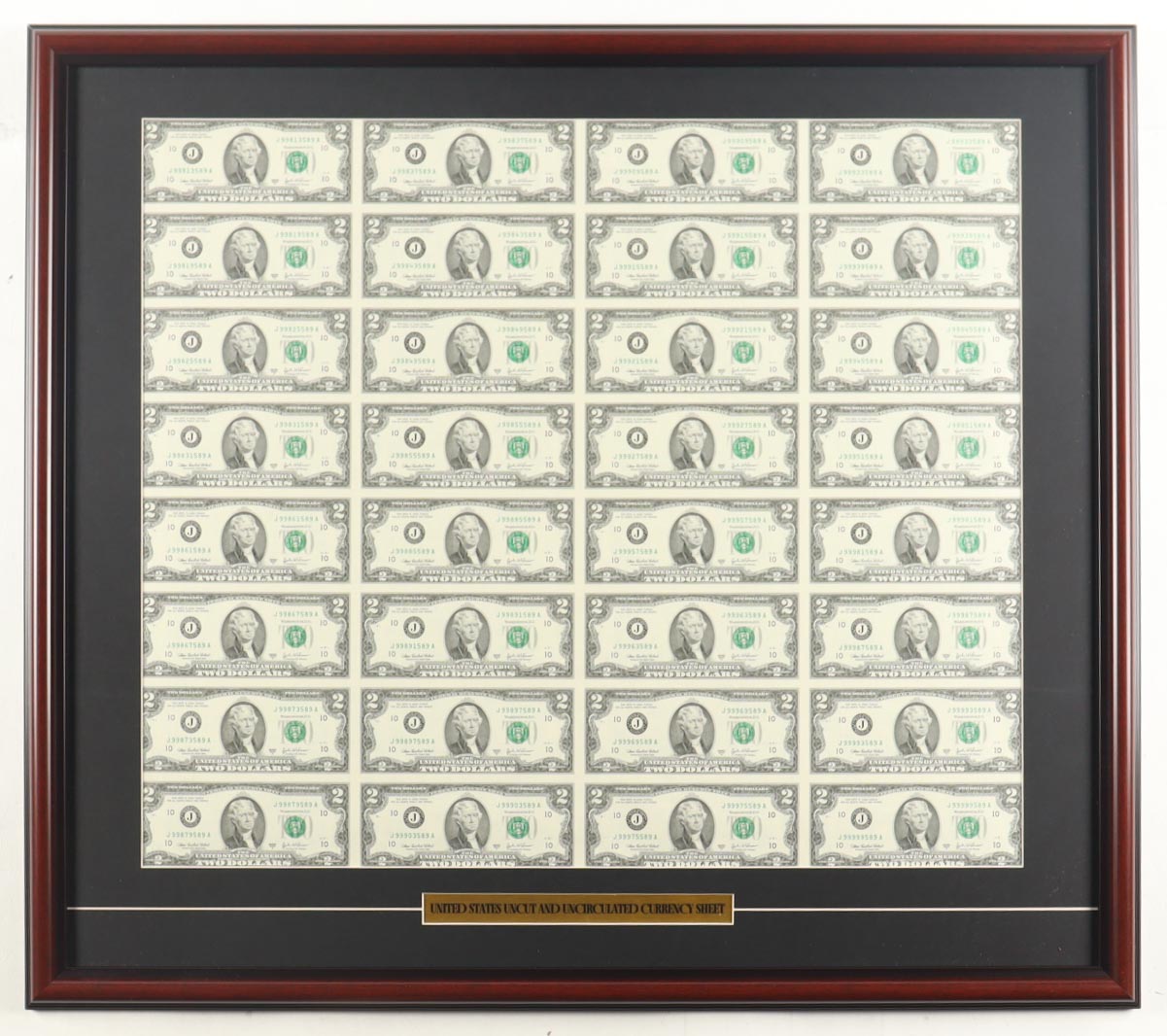 2003 U.S. $2 Dollar Bill Custom Framed Uncut Sheet Of (32) Bills at PristineAuction.com 2003 U.S. $2 Dollar Bill Custom Framed Uncut Sheet Of (32) Bills at PristineAuction.com