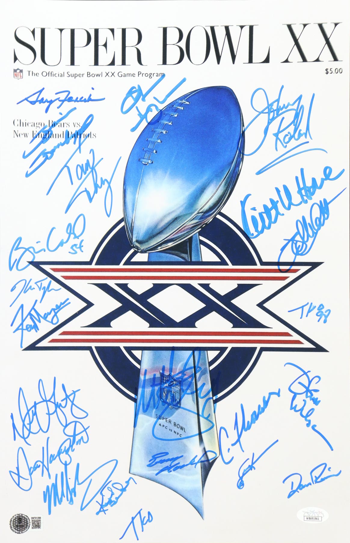1985 Bears Super Bowl XX 11x17 Photo Team-Signed By (21) with Dan Hampton, Mike Singletary, Tom Thayer, Matt Suhey (Beckett & JSA) at PristineAuction.com 1985 Bears Super Bowl XX 11x17 Photo Team-Signed By (21) with Dan Hampton, Mike Singletary, Tom Thayer, Matt Suhey (Beckett & JSA) at PristineAuction.com