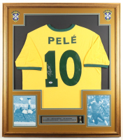 Pele Signed Custom Framed Jersey Display with Trophy Pin & Stat Plaque (PSA) at PristineAuction.com