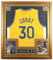 Stephen Curry Signed Custom Framed Jersey Display with (3) NBA Finals Champions Pins (Beckett) at PristineAuction.com